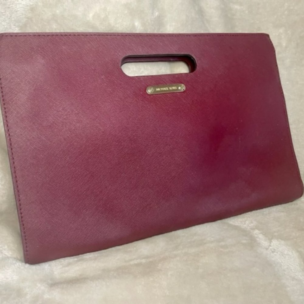 Michael Kors Wine Colored Leather Clutch with Shoulder Strap and Dust Bag